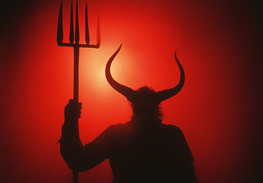 Dark silhouette of a devil figure with horns holding a pitchfork against a red glowing background, symbolizing mythology, evil, and fantasy