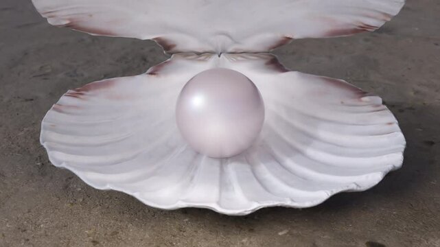 Pearl glowing inside seashell. Oyster opens revealing beautiful pearl ball.
