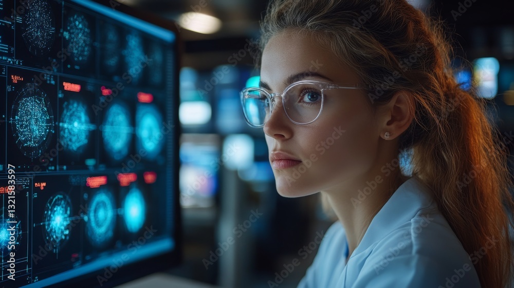 Poster A researcher analyzes data on quantum mechanics, focusing on qubits, superposition, and entanglement. Advanced displays show energy patterns in a high-tech laboratory.