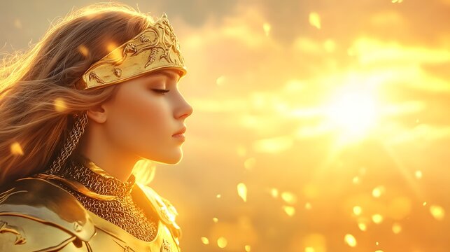 A warrior princess with golden armor, standing on a battlefield as the sun rises behind her
