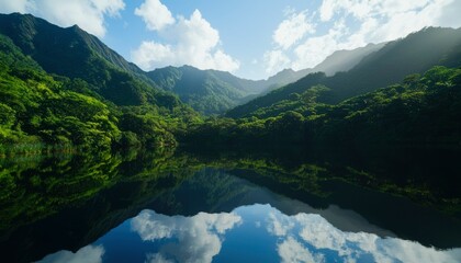 Tropical valley reflected in calm water