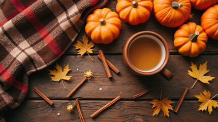 Warm autumn scene with pumpkins, cozy blanket, and cup of tea. Perfect for seasonal vibes