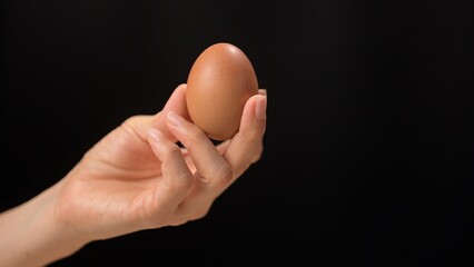 Hand holding a brown egg kitchen table setting indoor close-up culinary art