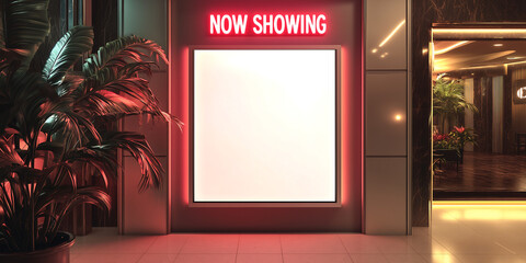 Large blank mock-up movie theater poster frame glowing in red outside a cinema, empty advertising space for film promotions and branding
