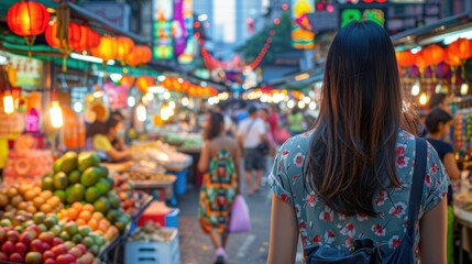 Woman exploring bustling Asian street market at dusk