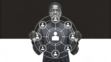Naklejka premium Leadership enhances employee engagement and active involvement concept. Person holding a circular network graphic representing connections.