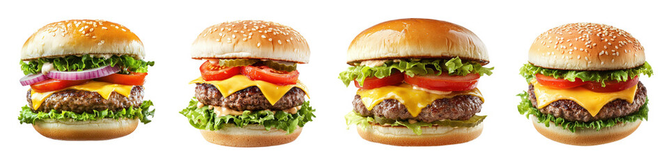 Mouthwatering Cheeseburgers Artfully Arranged for Appetizing Closeup   Tasty fast food meal featuring various cheeseburger variations with fresh ingredients in studio setting