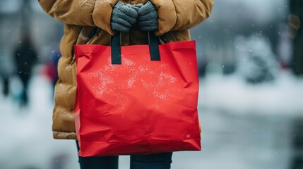 Woman holding red shopping bag in snow, city street background
