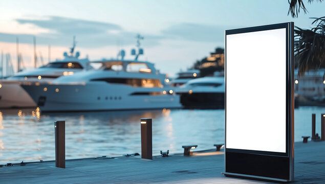 Blank digital billboard mockup at a marina with luxury yachts docked in the background, premium outdoor advertising space for branding and promotions