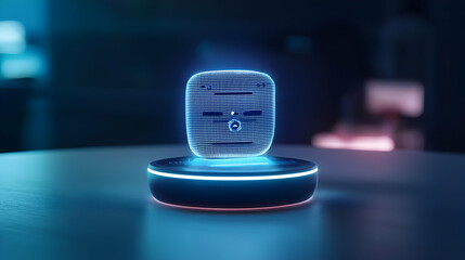 Glowing Blue Pixelated Digital Cube Hologram on a Neon Illuminated Circular Platform in a Futuristic Dark Environment