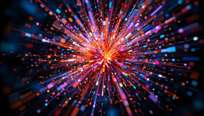 Fototapeta premium Explosive Abstract Light Burst with Colorful Digital Particles in Motion