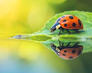 Ladybug on Leaf Reflection in Water