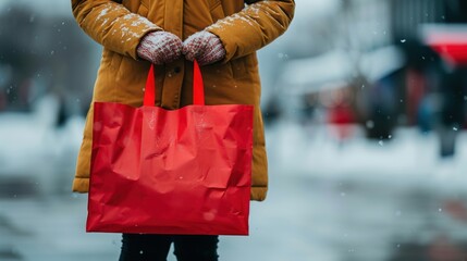 Woman holding shopping bag in winter city snow