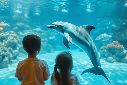 Two children watching dolphins swim in an aquarium tank, magical underwater experience and marine life exploration - Powered by Adobe