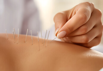 Close-up of acupuncture therapy with needles carefully inserted into the skin, traditional Chinese medicine for pain relief and holistic healing
