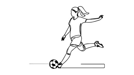 minimalist continuous one line drawing illustration of a female soccer player shooting a ball