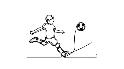 minimalist continuous one line drawing illustration of a kid kicking a soccer ball 