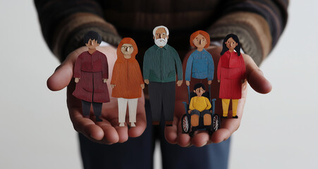 Hands holding figures of a family with a disabled child, concept of inclusion, disability, family love, care, unity, and social support in family relationships