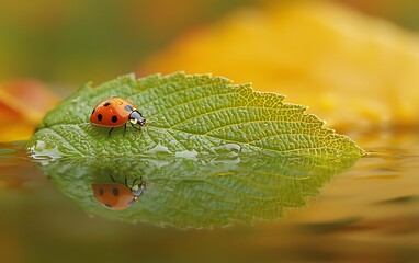 Fototapeta premium Ladybug on Leaf Reflection in Water