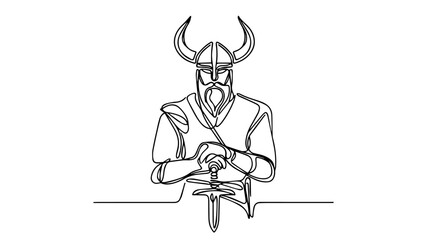 minimalist continuous one line drawing illustration of a realistic front view full body viking 