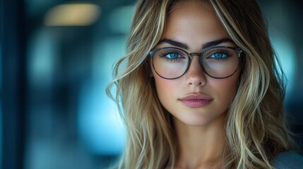Businesswoman Adjusting Glasses in Office Environment with Natural Light