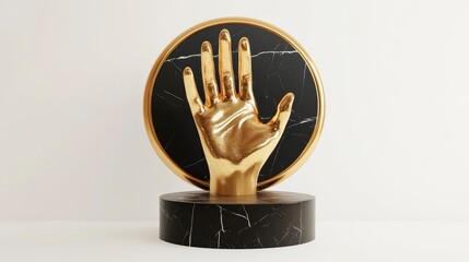 Gold hand sculpture on black marble pedestal, minimal art display, modern design, aesthetic