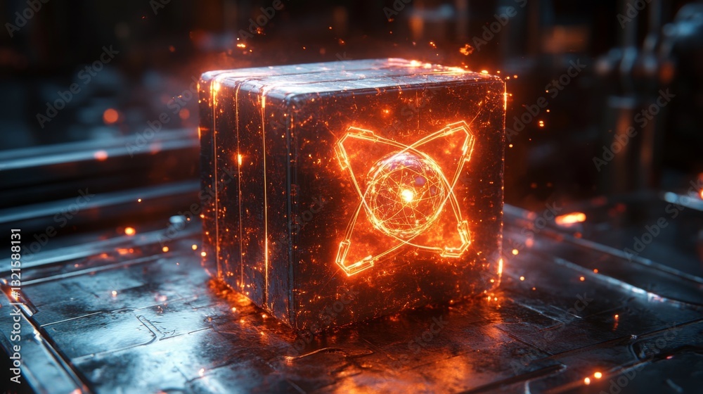 Poster A glowing cube representing the concept of quantum computing showcases key attributes like qubits, superposition, and entanglement. This represents advanced computational technology.