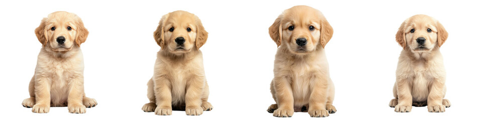 Adorable group of Golden Retriever puppies sitting and posing on a white studio background  The cute fluffy and playful dogs have a friendly and happy expression
