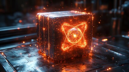 A glowing cube representing the concept of quantum computing showcases key attributes like qubits, superposition, and entanglement. This represents advanced computational technology.