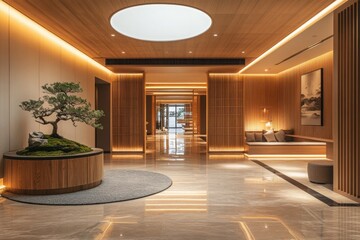 Elegant Interior: Warm wood tones natural light and a bonsai tree create a tranquil and inviting space