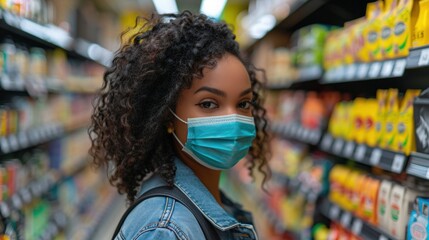 Woman in face mask shopping in supermarket aisle
