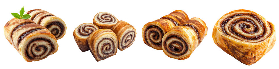 Fototapeta premium Mouthwatering cinnamon rolls and spiral pastries arrangement displayed on a rustic wooden surface Freshly baked warm and gooey these delectable bakery treats are perfect for breakfast