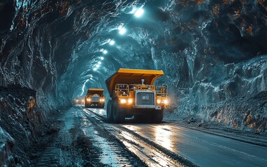 Obraz premium Mining trucks in deep underground tunnel