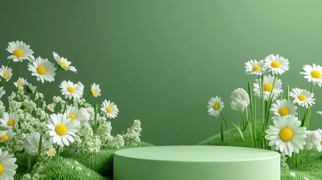 3D rendering of a green background with an empty podium and daisy flowers for product presentation in a nature scene - Powered by Adobe