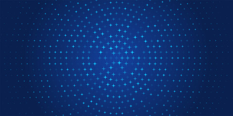 Blue graphic gradient background with glowing geometric stars. Futuristic digital texture with pixelated geometric elements. Abstract vector illustration.