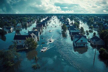 Flooded landscape showcases submerged homes and vehicles, highli