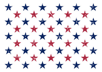Stars background colored in USA flag colors. Rough red and blue stars in grunge design isolated on transparent. Patriotic American-style pattern. Vector illustration for memorial day or election.