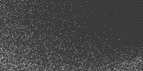 Silver glitter confetti background. Silver glittering dust on transparent background with copy space. Festive holiday shiny luxury backdrop. Abstract vector illustration.
