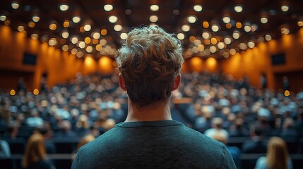 Business Trainer Standing Before Audience in Large Conference Hall