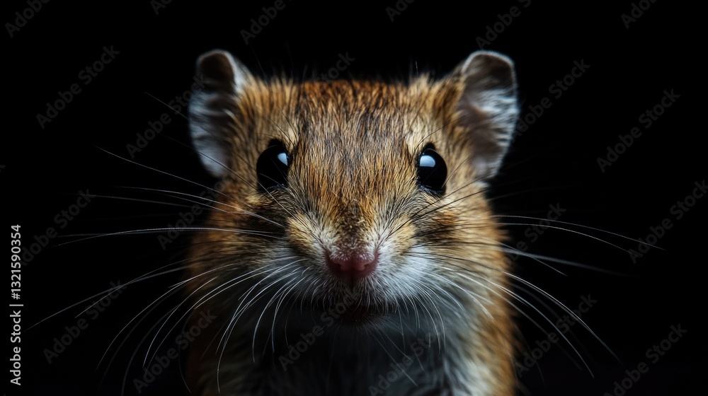 Poster close-up shot of a mouse's face on a black background