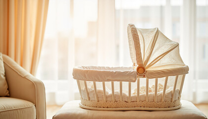 Fototapeta premium Elegant bassinet waiting for baby in soft morning light, new beginnings