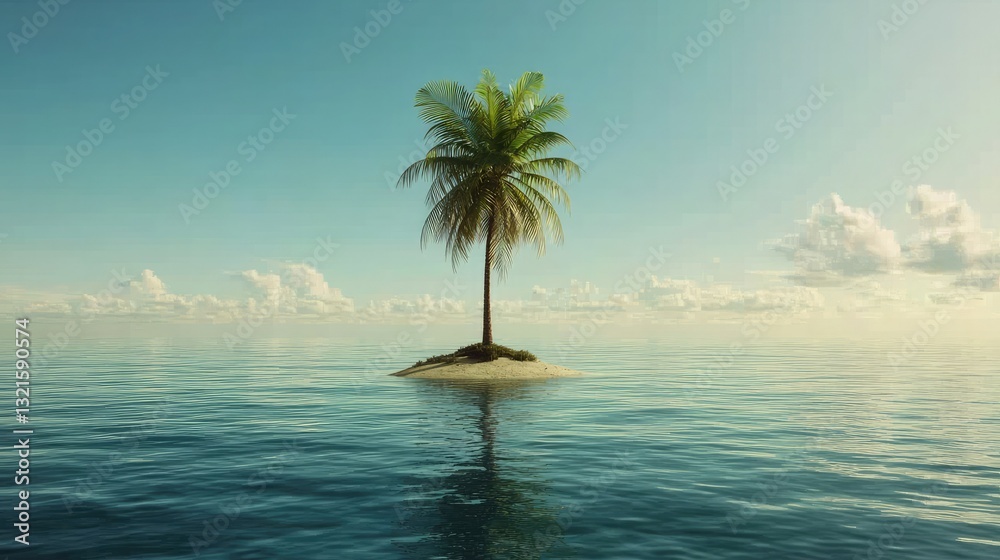 Poster a single tall palm tree standing on a small island in the middle of the ocean