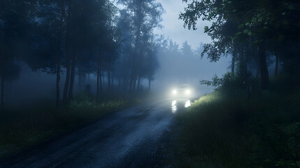 Naklejka premium Navigating Foggy Night An Automobile's Illuminated Path Along a Woodland Roadway Scene
