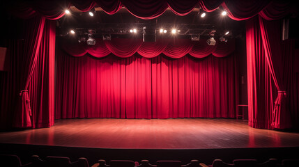 Stage with red curtains for stand up comedy show, wide shot.