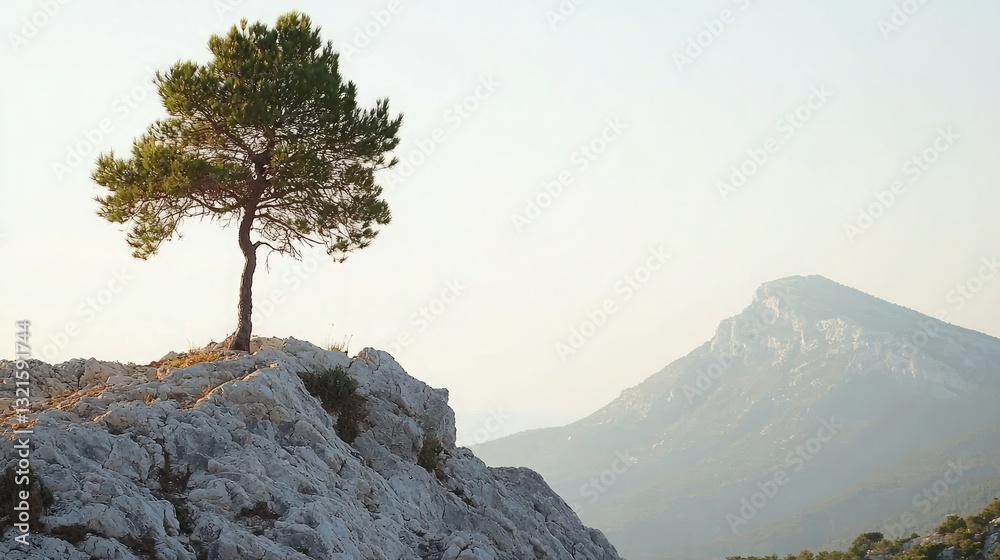 Poster a single pine tree standing tall on a rocky mountainside with a clear sky.