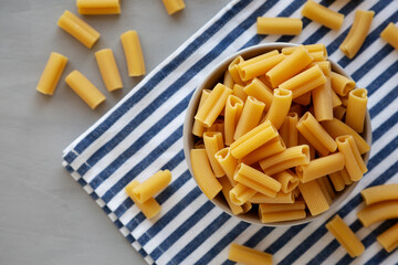 Homemade Raw Heart-Shaped Rigacuore Pasta in a Bowl, top view.