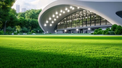 Modern arena, green park setting, city skyline