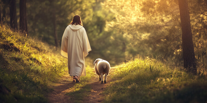 Jesus leading a little lamb. Jesus Christ the good shepherd. Holy week
