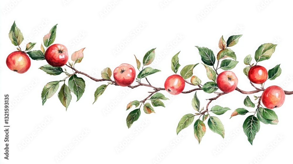 Poster a single apple tree branch with glossy red apples and green leaves.