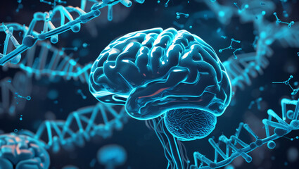 Fototapeta premium Futuristic Dark Neurology Background with Glowing Neural Connections and 3D Brain Model